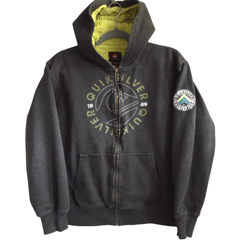 Y2K Quiksilver Hoodie Youth 14/16 Zip Up Sweatshirt Gray Green Sherpa Skate